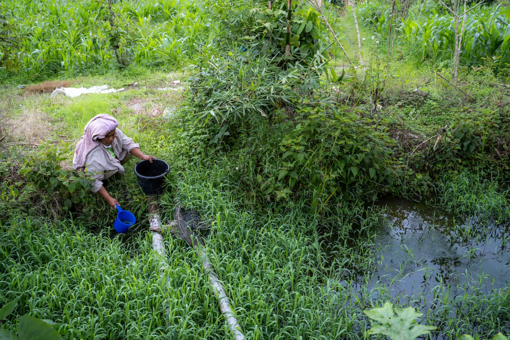 An Indonesian woman collects unsafe water