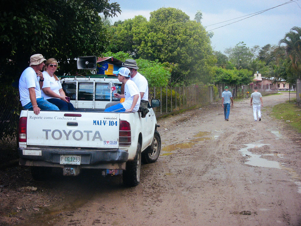 Scotty Parker and family in back of a truck in Honduras.