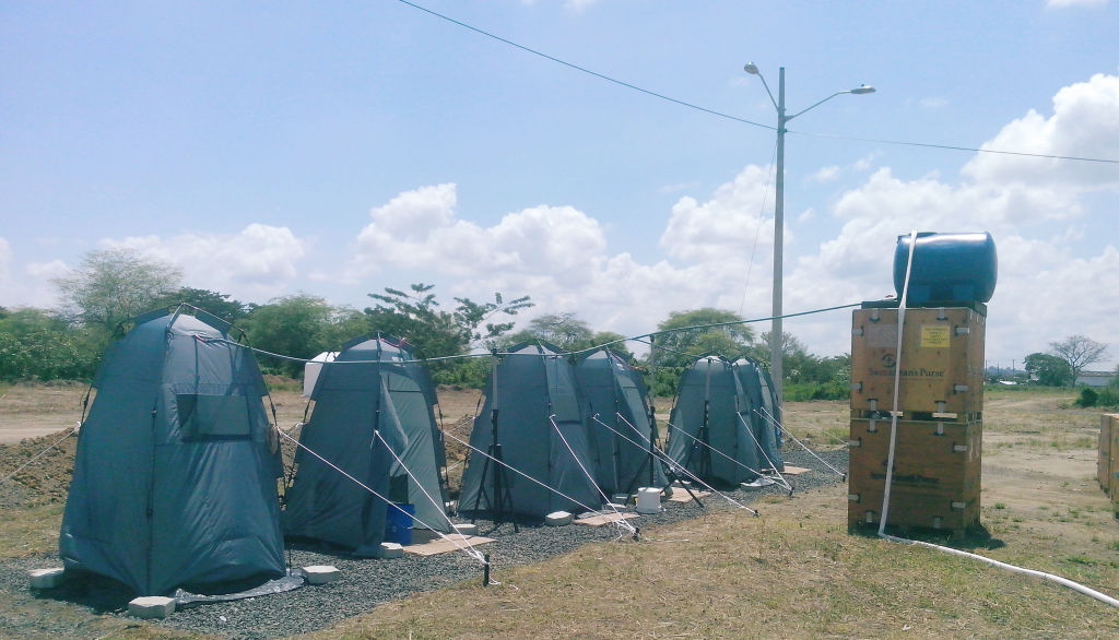 Water is flowing into shower tents at Samaritan's Purse field hospital in Chone, Ecuador