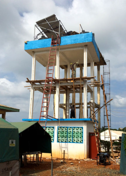 Safe water tower construction at JJ Dossen Hospital in Harper, Liberia.