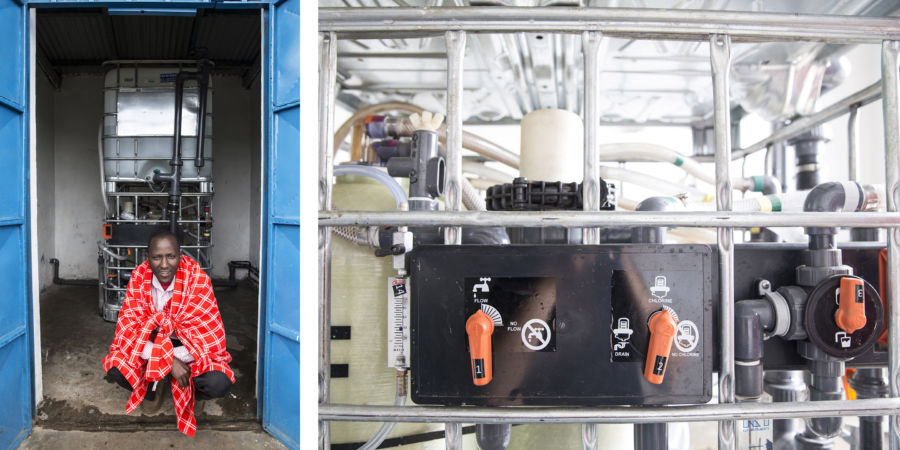 Water Mission Kenya staff rejoice over their hard work to see safe water flowing in Enariboo, Kenya.