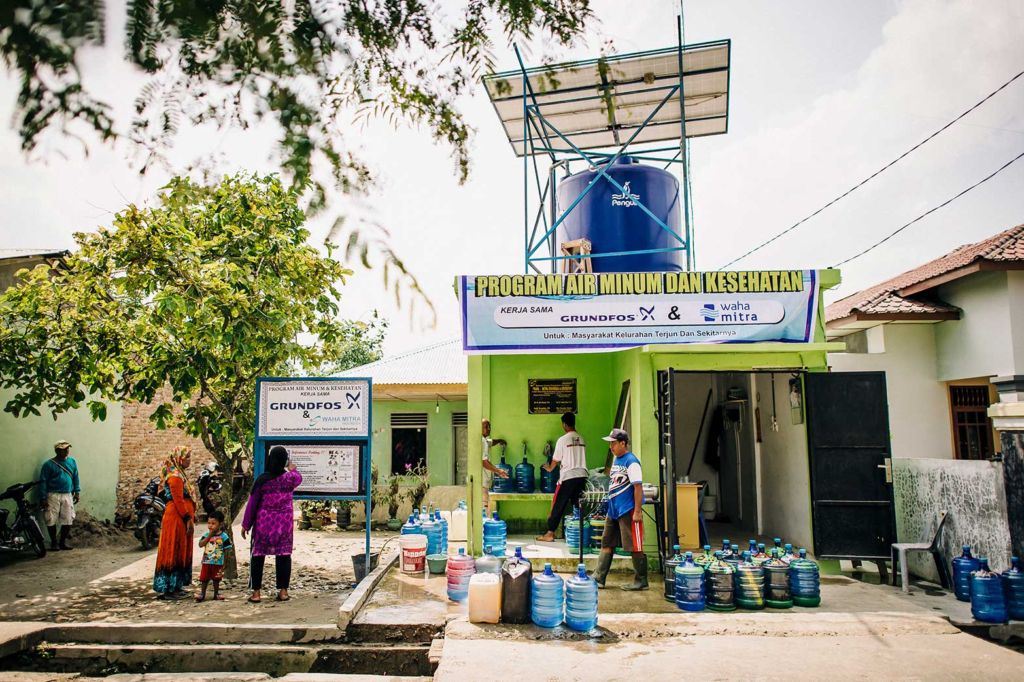A solar powered pump provides water at a treatment project in Indonesia.