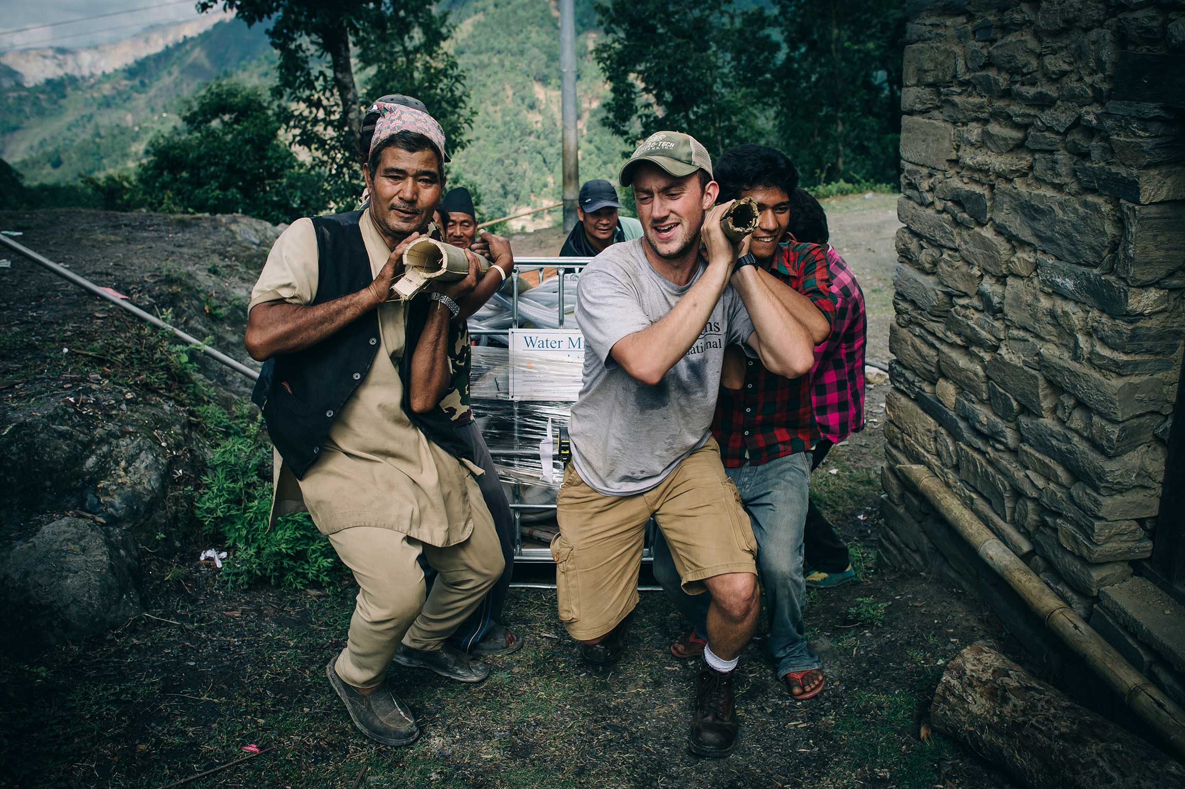 Water Mission staff work to implement a disaster safe water solution following the 2015 Nepal earthquake.