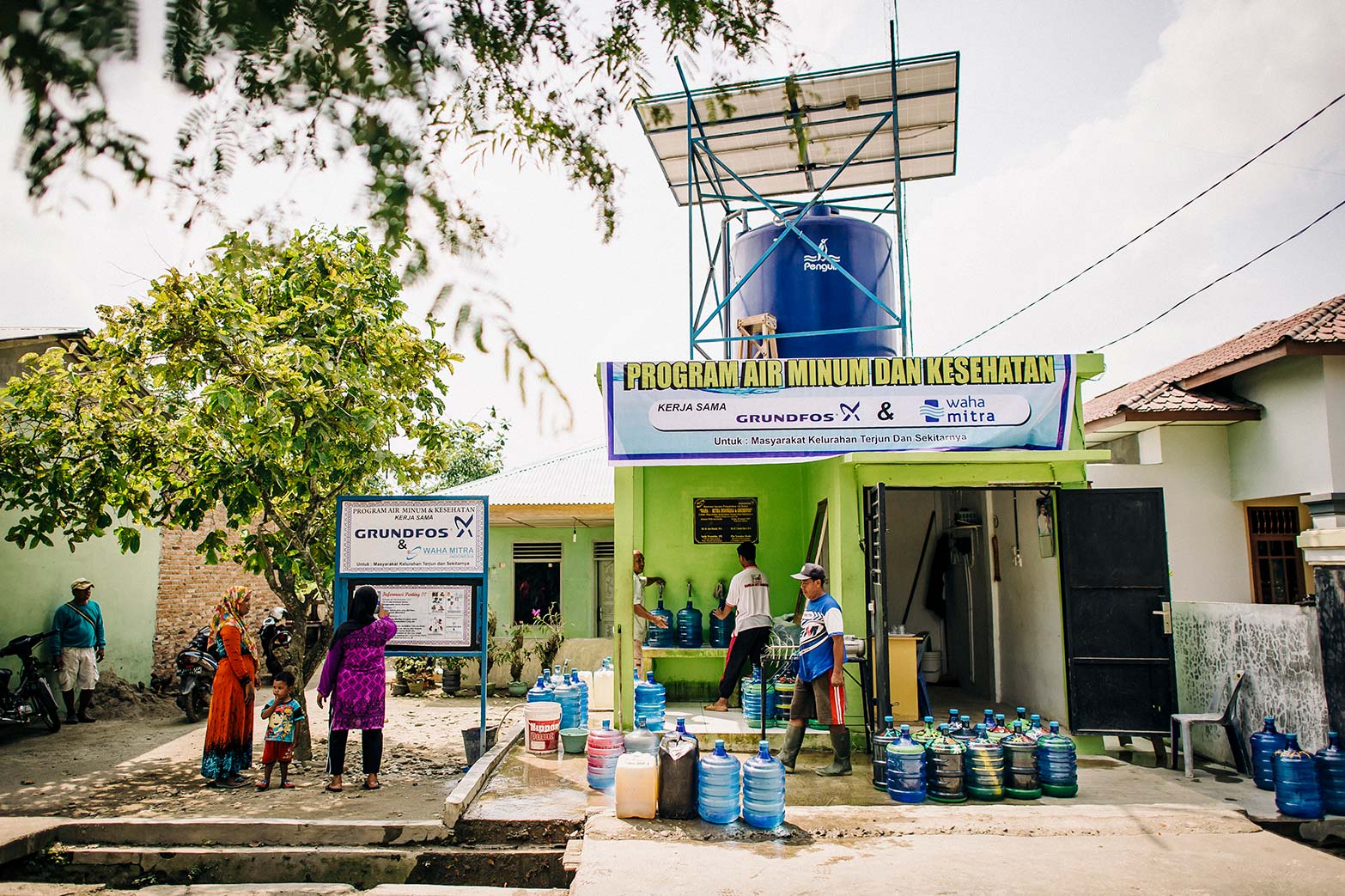 A Water Mission safe water treatment system provides safe water to an entire community in Indonesia.