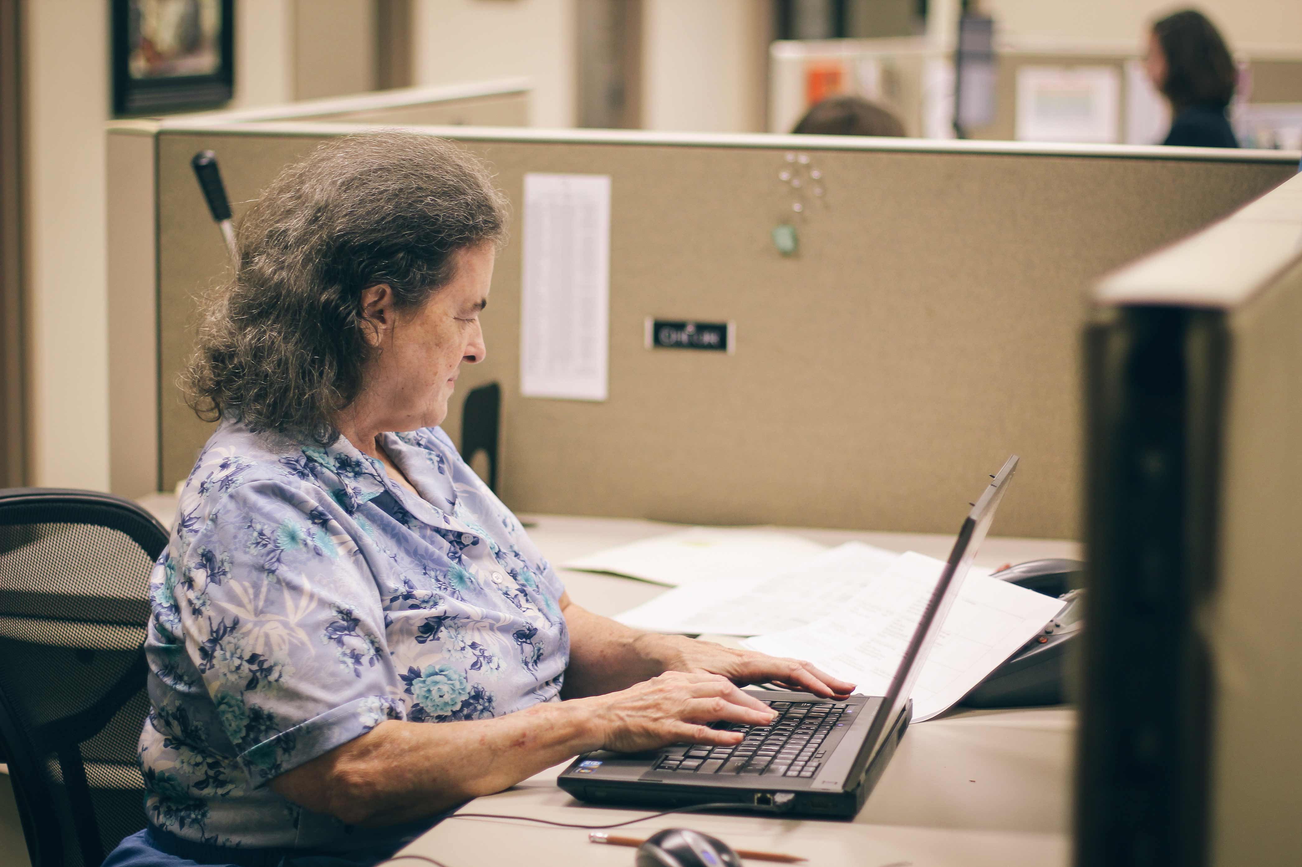 Cathy works hard as a volunteer to make an impact through safe water at Water Mission's headquarters in North Charleston, SC.