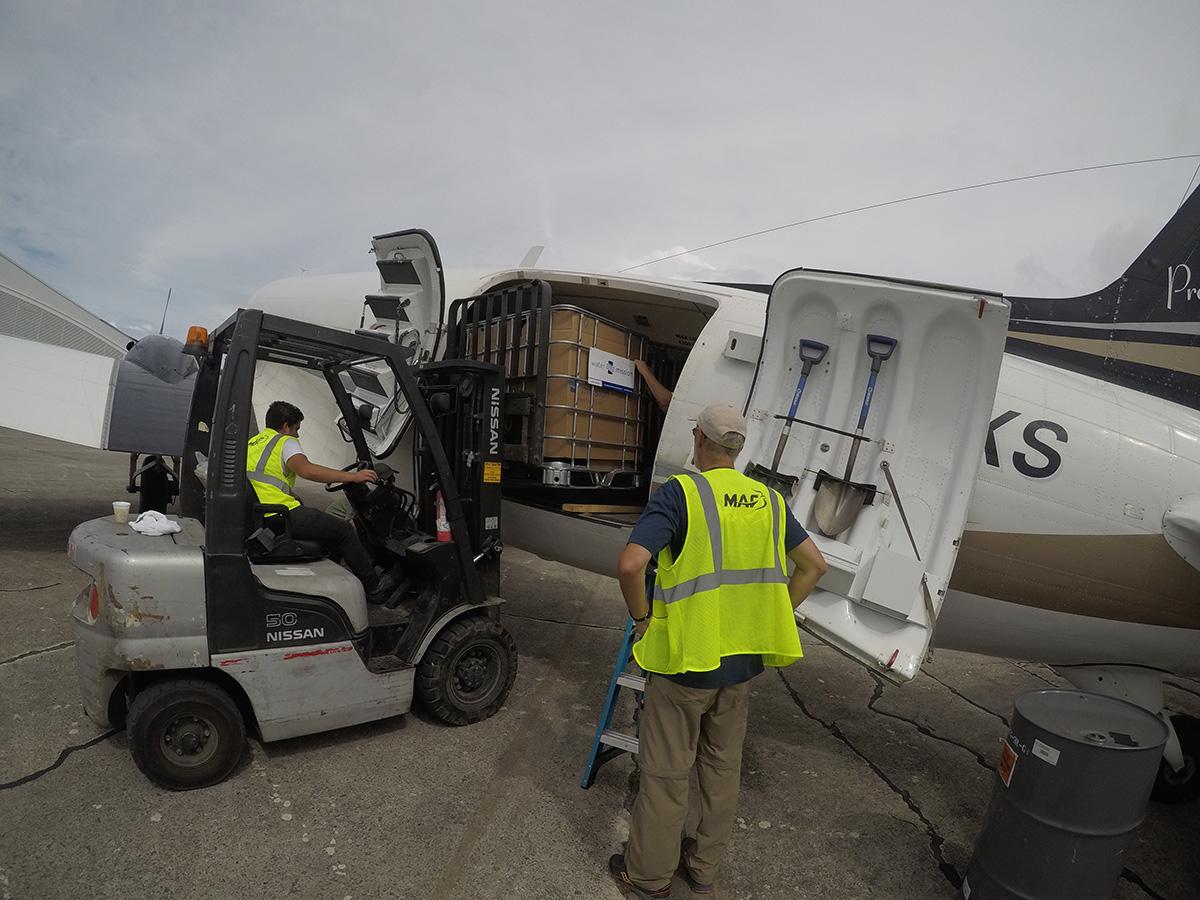 Water Mission equipment waits to be distributed in Dominica.