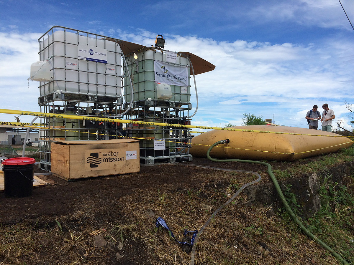 Water Mission's safe water treatment system is set up and serving safe water.