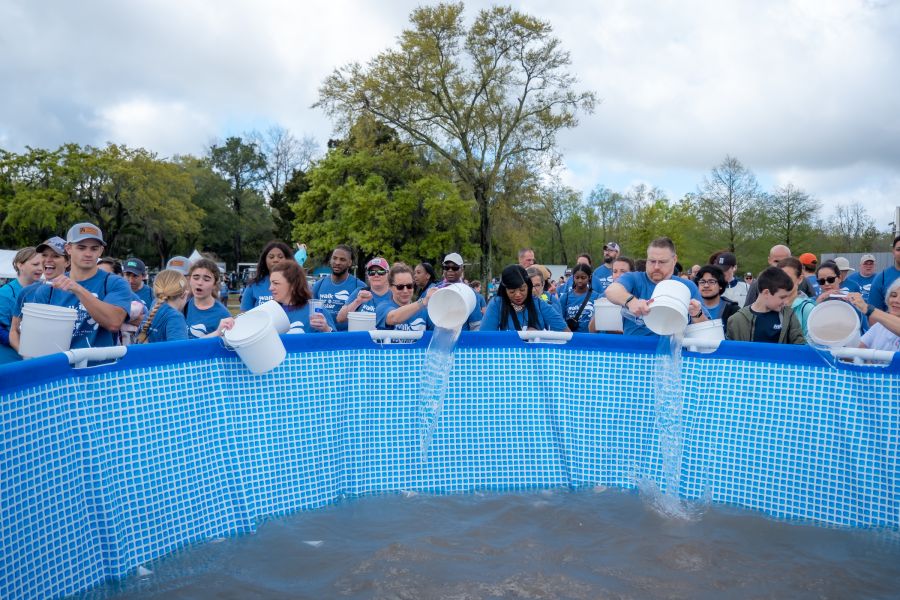 Back at the park, the dirty water is dumped into a pool where it is purified through a Water Mission Living Water Treatment System. 